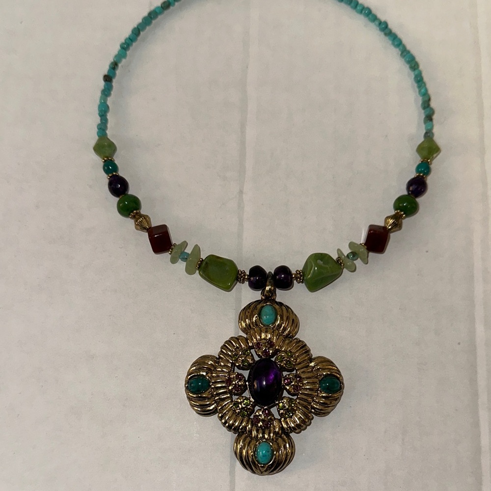 Artisan Gold and Turquoise Beaded Costume‎ Necklace